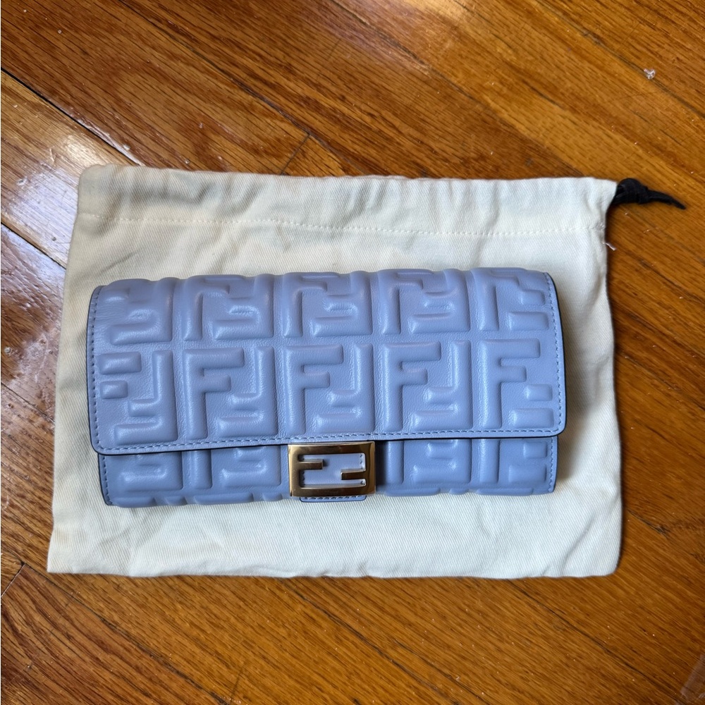 NEW, NEVER USED Fendi Light Blue Embossed Wallet on Chain
